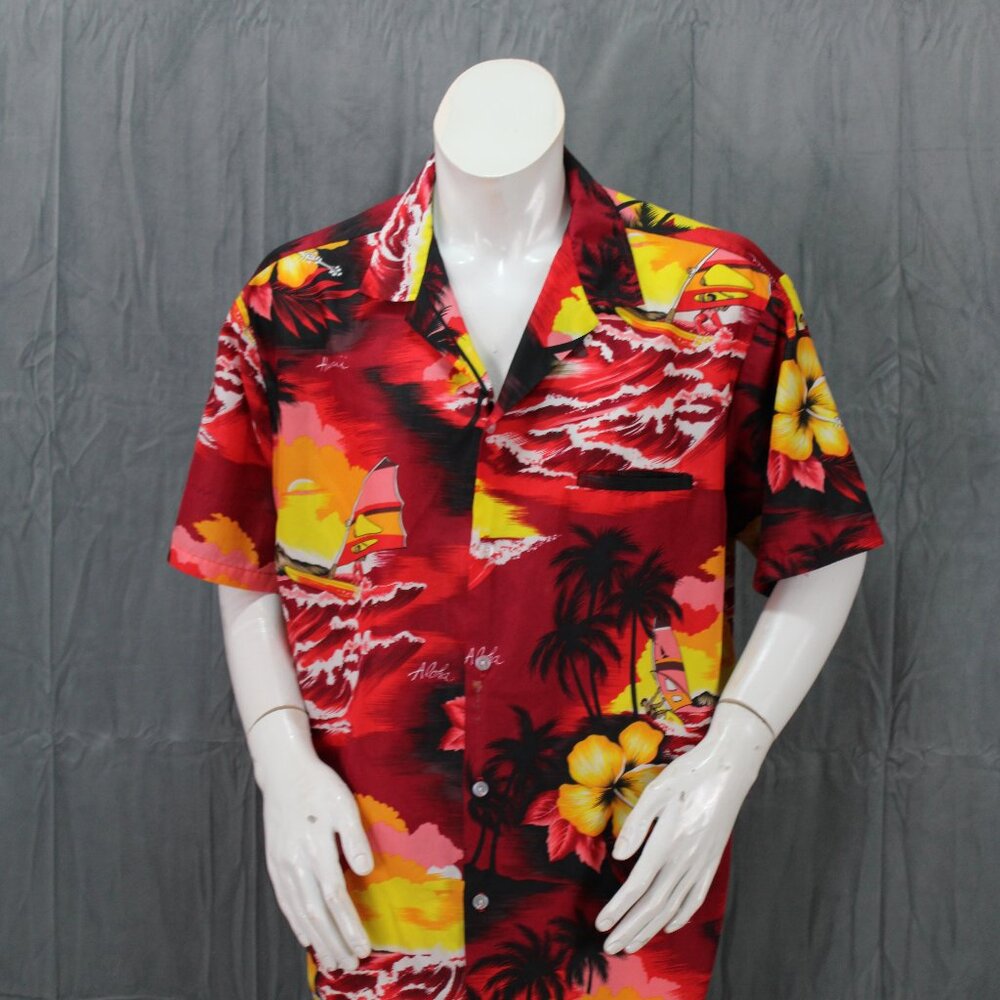 Vintage Hawaiian Shirt - Windsurfer Graphics in Red by Kalena - Men's 2XL
